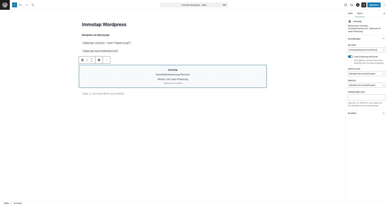 Screenshot: Block immotap Rechner mit Einstellungen in der Seitenleiste