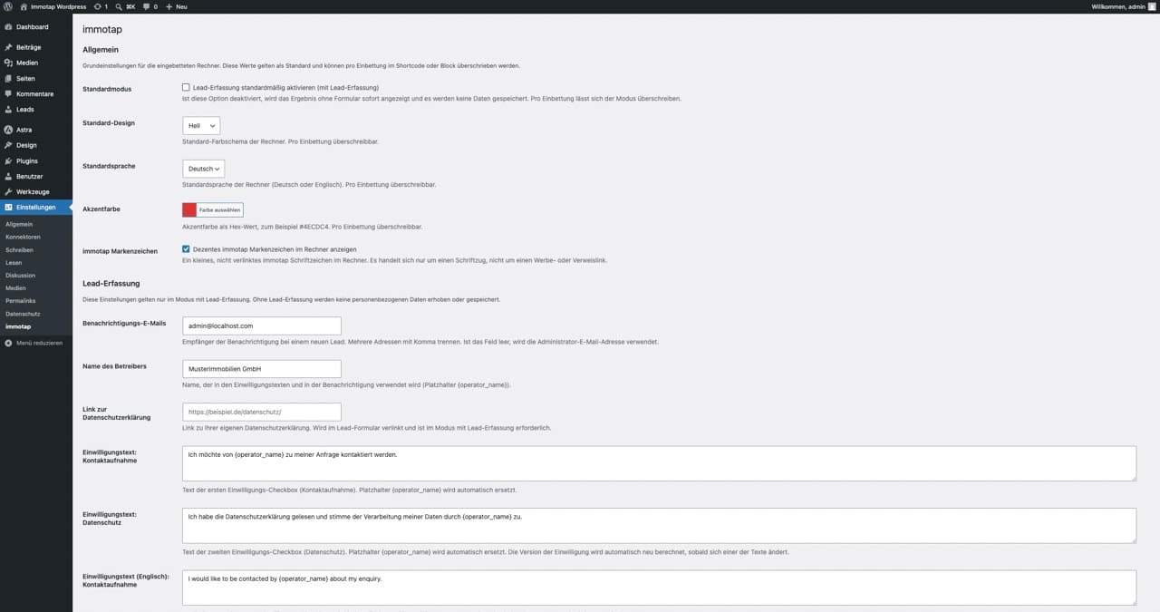 Screenshot: Einstellungsseite des immotap Rechners