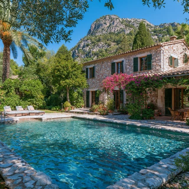Mediterrane Steinfinca mit Pool, Garten und Bergkulisse auf Mallorca